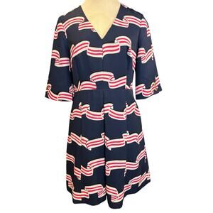 Draper James Mainline Retro Style Midi Dress Ribbon Print Sz 8 Blue Pink Preppy